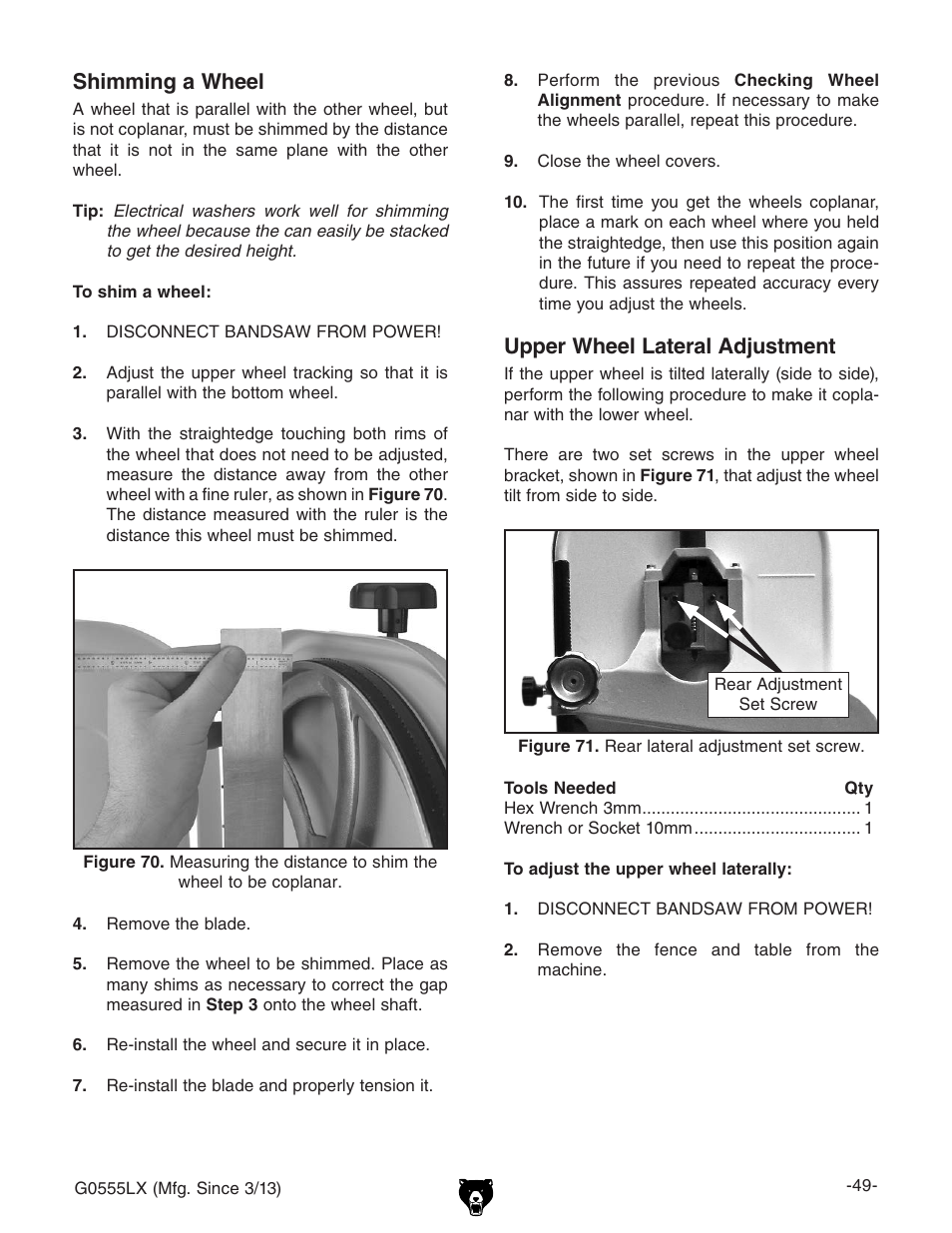 Shimming a wheel, Upper wheel lateral adjustment | Grizzly Deluxe Bandsaw G0555LX User Manual | Page 51 / 68