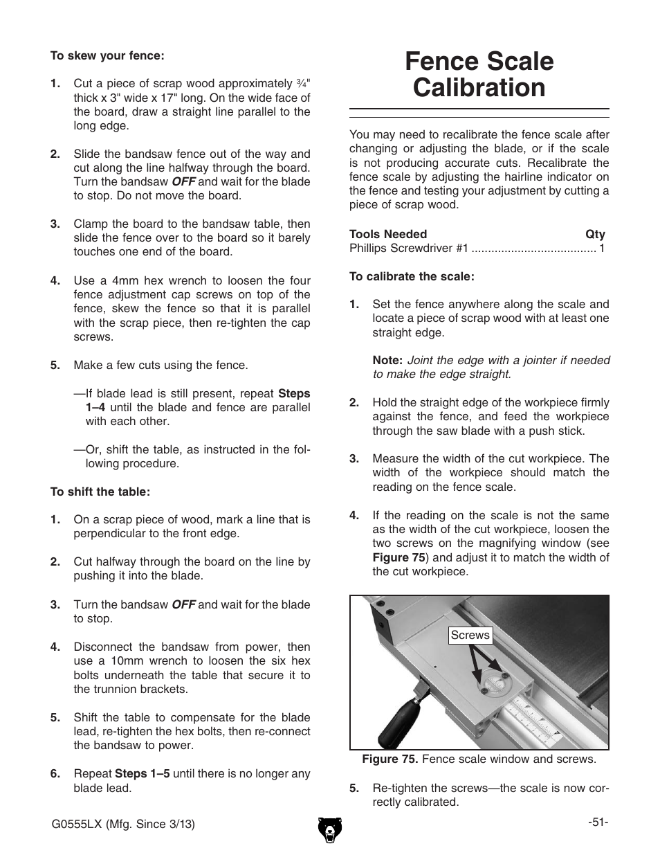 Fence scale calibration | Grizzly Deluxe Bandsaw G0555LX User Manual | Page 53 / 68