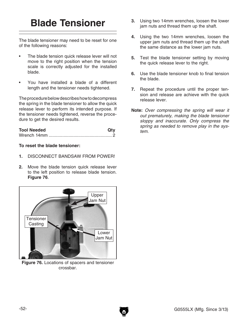 Blade tensioner | Grizzly Deluxe Bandsaw G0555LX User Manual | Page 54 / 68
