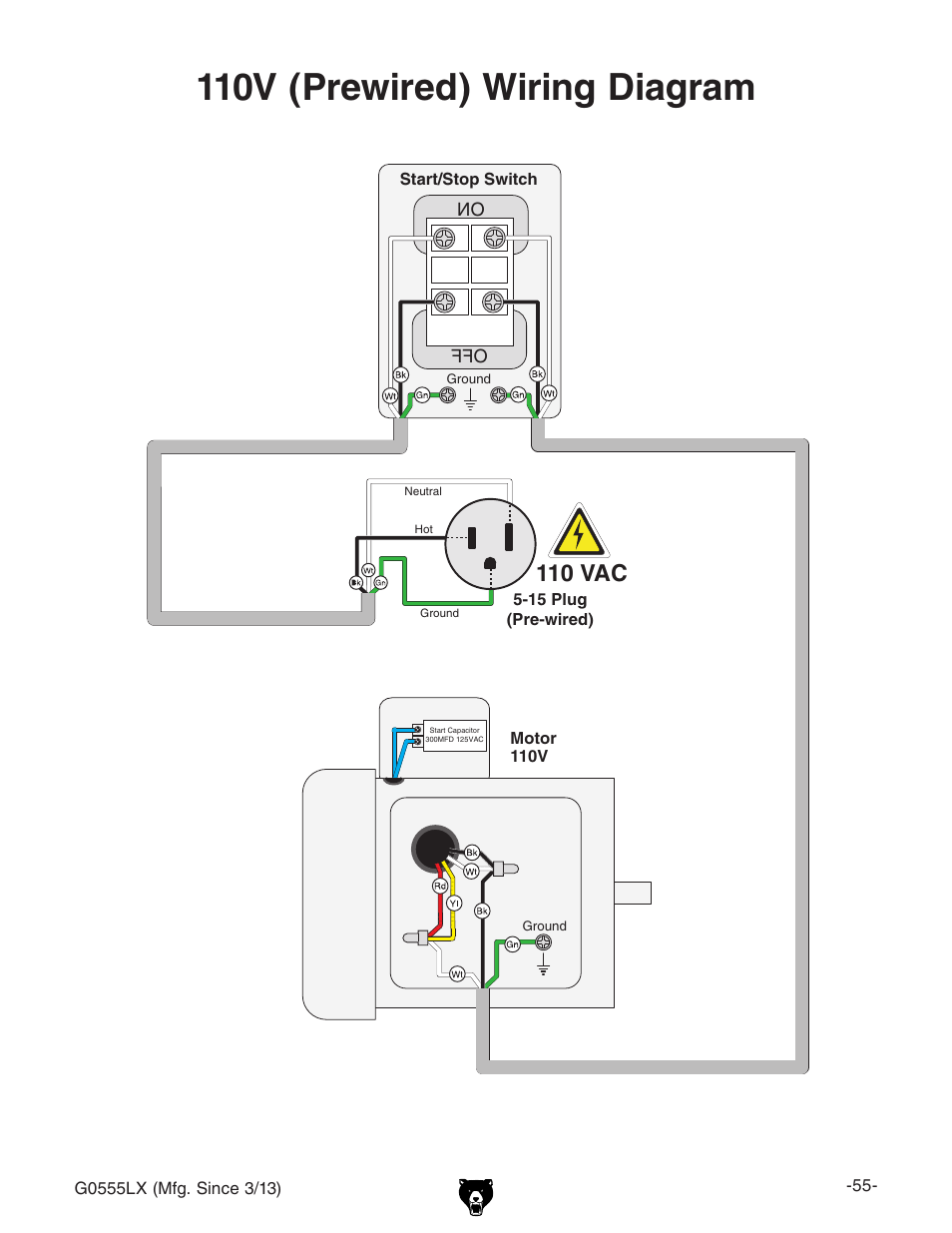 110v (prewired) wiring diagram, 110 vac, Work lamp (40 watt maximum) | Grizzly Deluxe Bandsaw G0555LX User Manual | Page 57 / 68