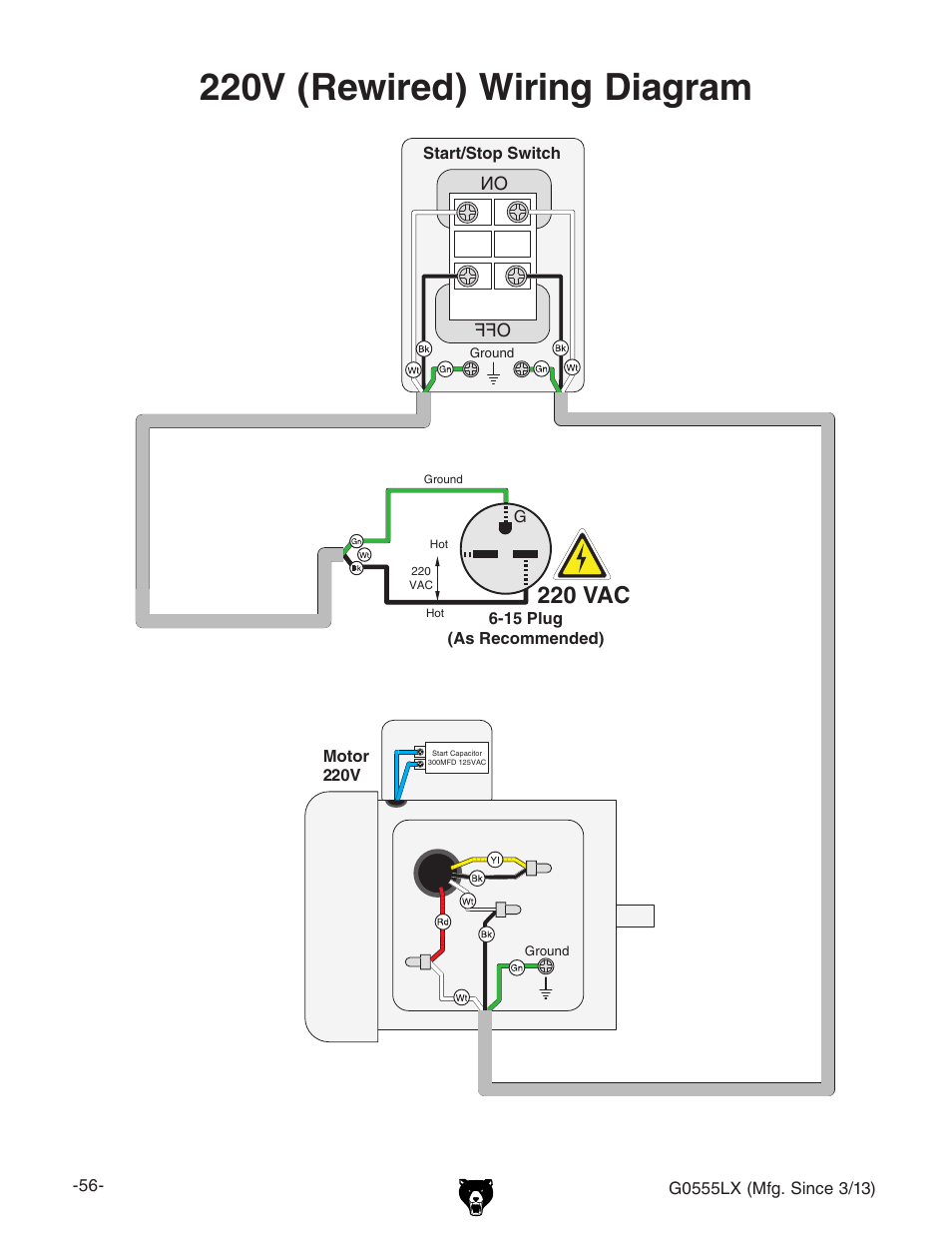220v (rewired) wiring diagram, 220 vac, Work lamp (40 watt maximum) | Grizzly Deluxe Bandsaw G0555LX User Manual | Page 58 / 68