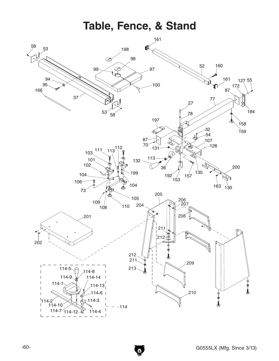 Table, fence, & stand | Grizzly Deluxe Bandsaw G0555LX User Manual | Page 62 / 68