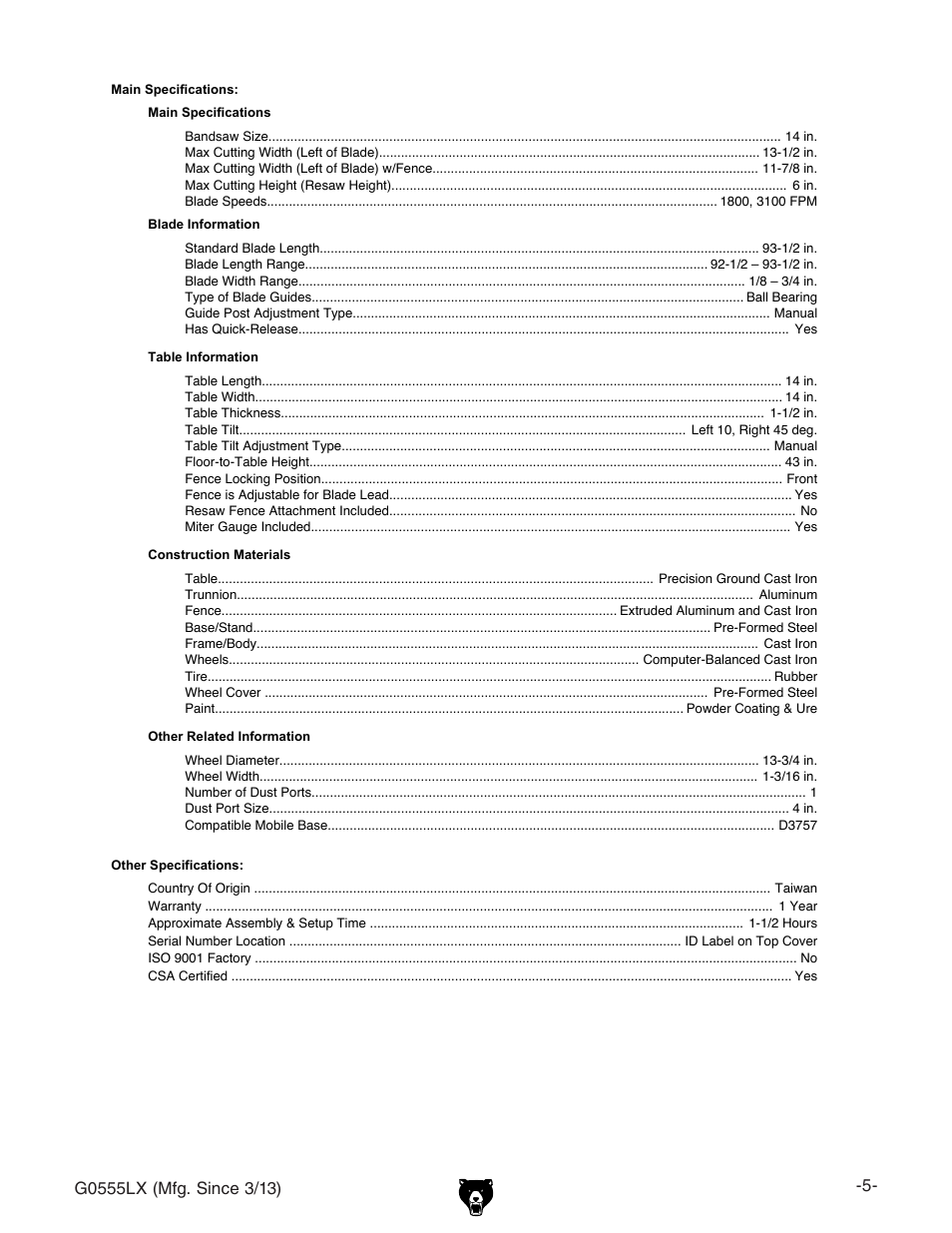 Grizzly Deluxe Bandsaw G0555LX User Manual | Page 7 / 68