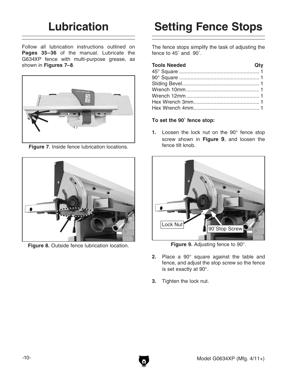 Lubrication, Setting fence stops | Grizzly G0634XP User Manual | Page 10 / 84