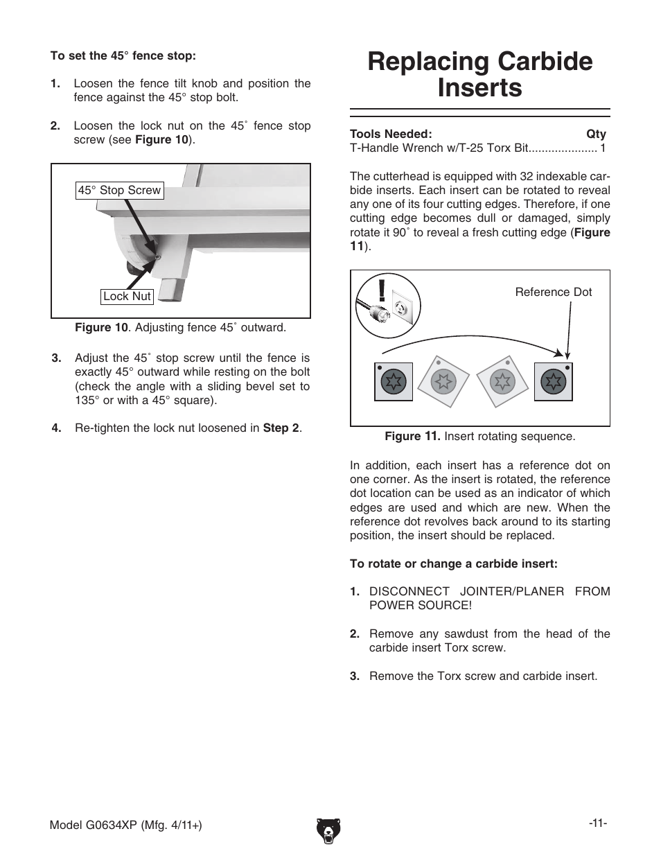 Replacing carbide inserts | Grizzly G0634XP User Manual | Page 11 / 84