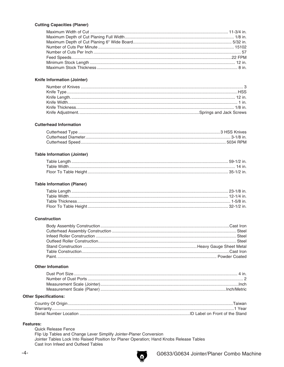 Grizzly G0634XP User Manual | Page 18 / 84