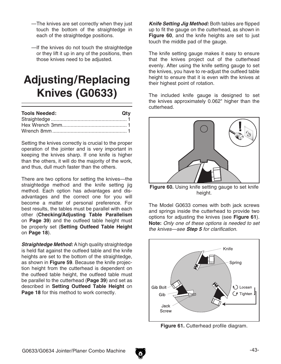 Adjusting/replacing knives (g0633) | Grizzly G0634XP User Manual | Page 57 / 84