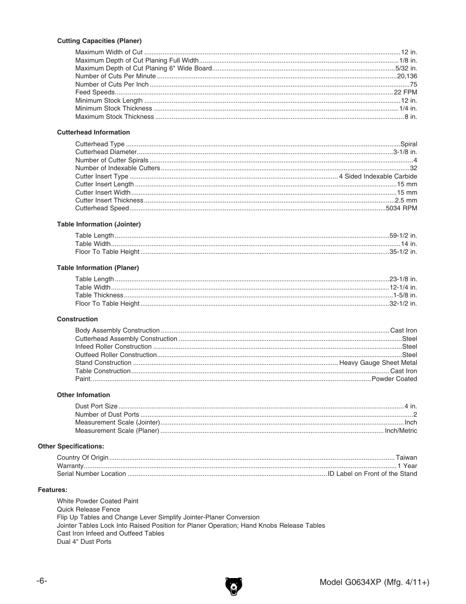 Grizzly G0634XP User Manual | Page 6 / 84