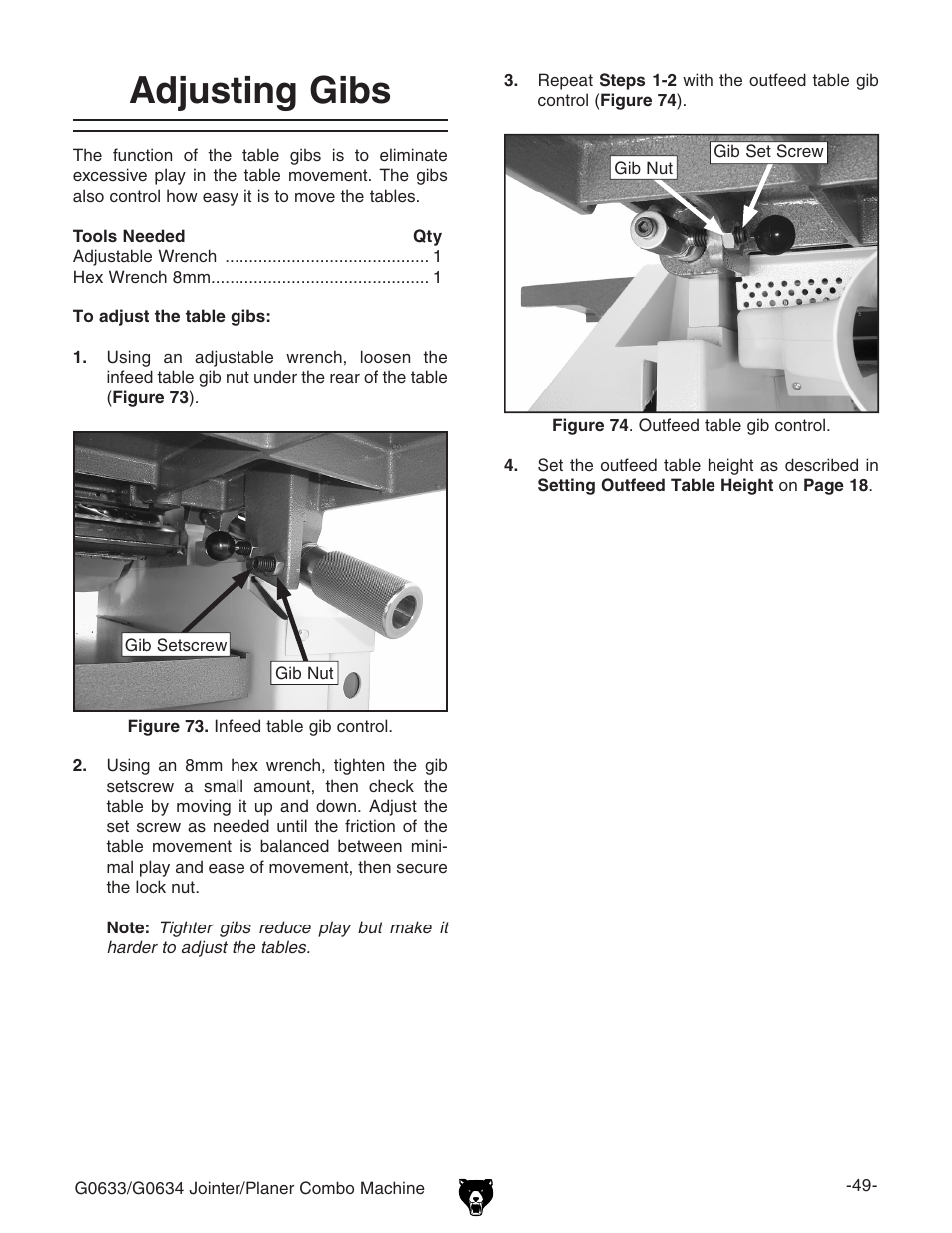 Adjusting gibs | Grizzly G0634XP User Manual | Page 63 / 84