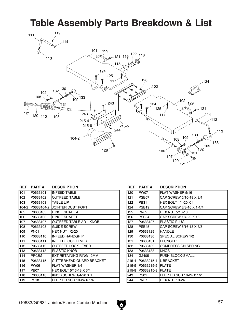 Table assembly parts breakdown & list | Grizzly G0634XP User Manual | Page 71 / 84