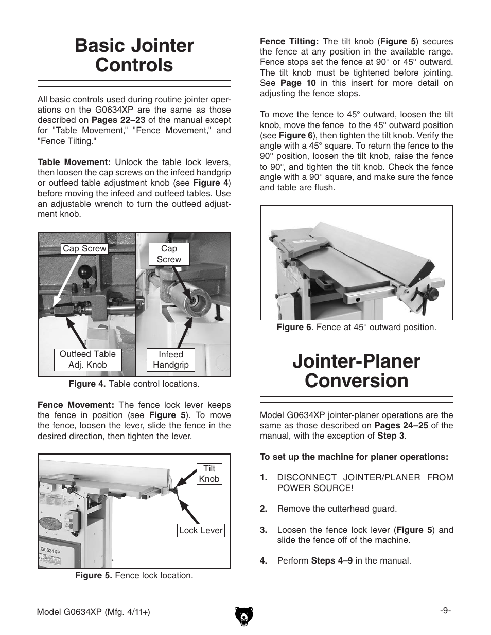 Basic jointer controls, Jointer-planer conversion | Grizzly G0634XP User Manual | Page 9 / 84