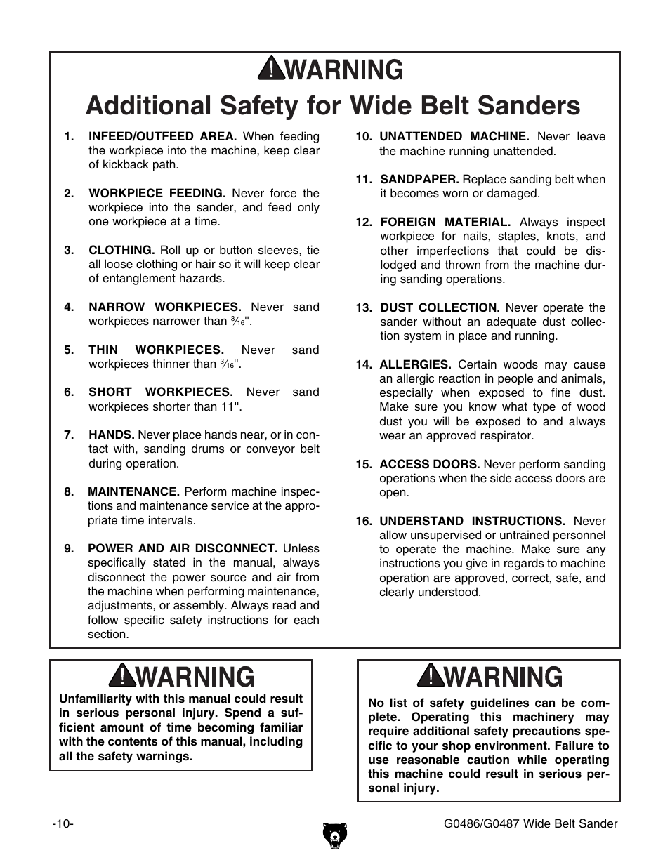 Additional safety for wide belt sanders | Grizzly G0486/G0487 User Manual | Page 12 / 76