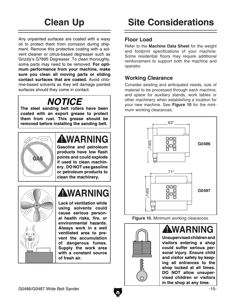 Site considerations, Clean up, Notice | Grizzly G0486/G0487 User Manual | Page 17 / 76