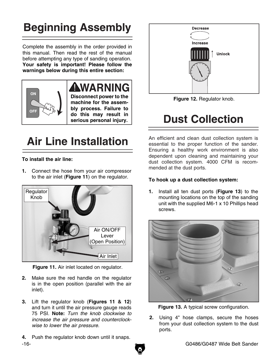Beginning assembly, Air line installation, Dust collection | Grizzly G0486/G0487 User Manual | Page 18 / 76