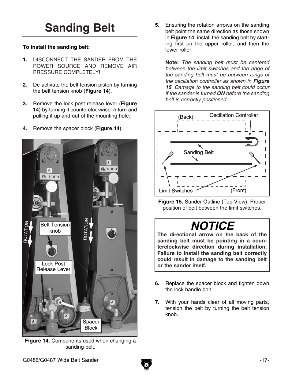 Sanding belt, Notice | Grizzly G0486/G0487 User Manual | Page 19 / 76