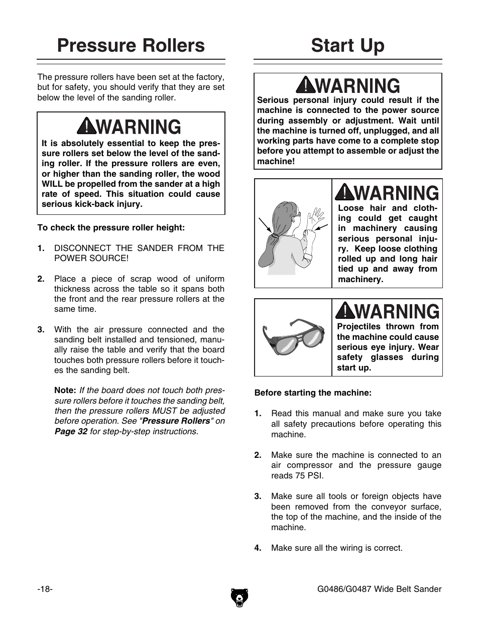 Pressure rollers, Start up | Grizzly G0486/G0487 User Manual | Page 20 / 76