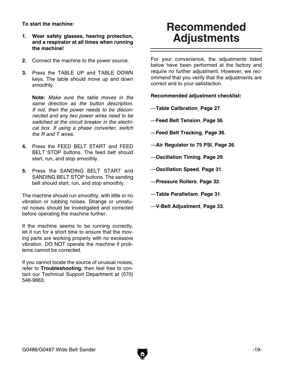 Recommended adjustments | Grizzly G0486/G0487 User Manual | Page 21 / 76