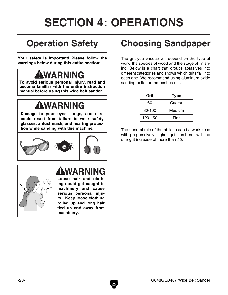 Choosing sandpaper operation safety | Grizzly G0486/G0487 User Manual | Page 22 / 76