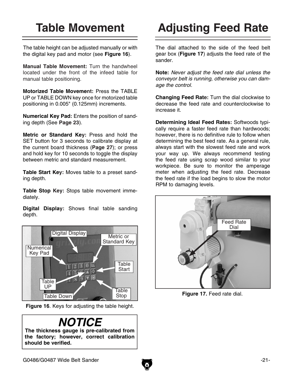 Table movement, Adjusting feed rate, Notice | Grizzly G0486/G0487 User Manual | Page 23 / 76