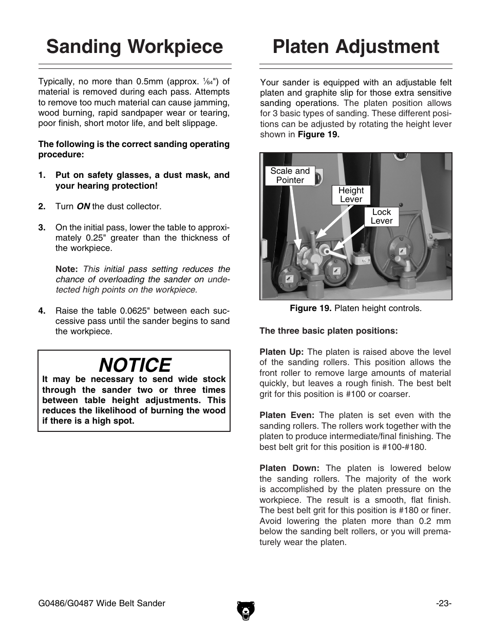 Sanding workpiece, Notice, Platen adjustment | Grizzly G0486/G0487 User Manual | Page 25 / 76