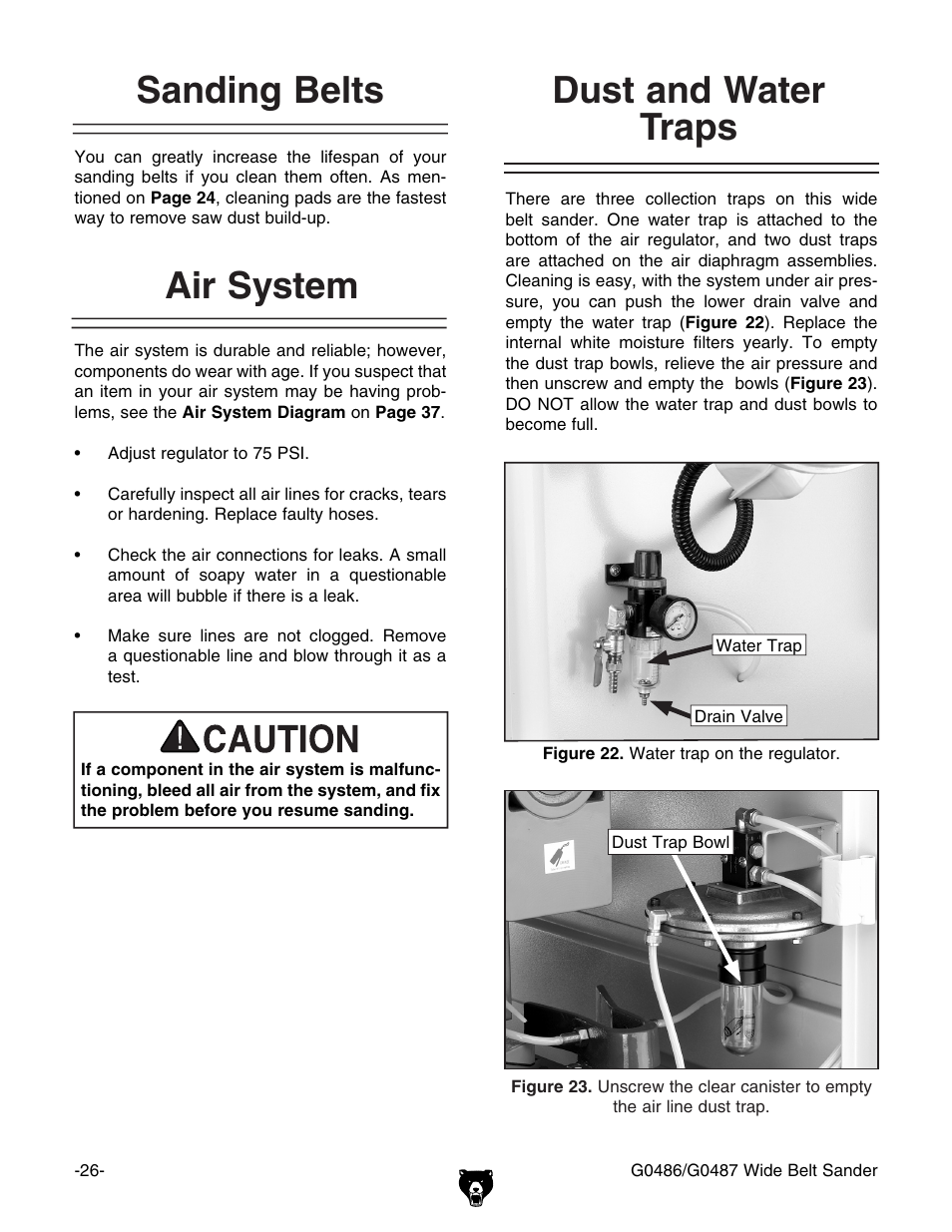 Dust and water traps, Sanding belts, Air system | Grizzly G0486/G0487 User Manual | Page 28 / 76