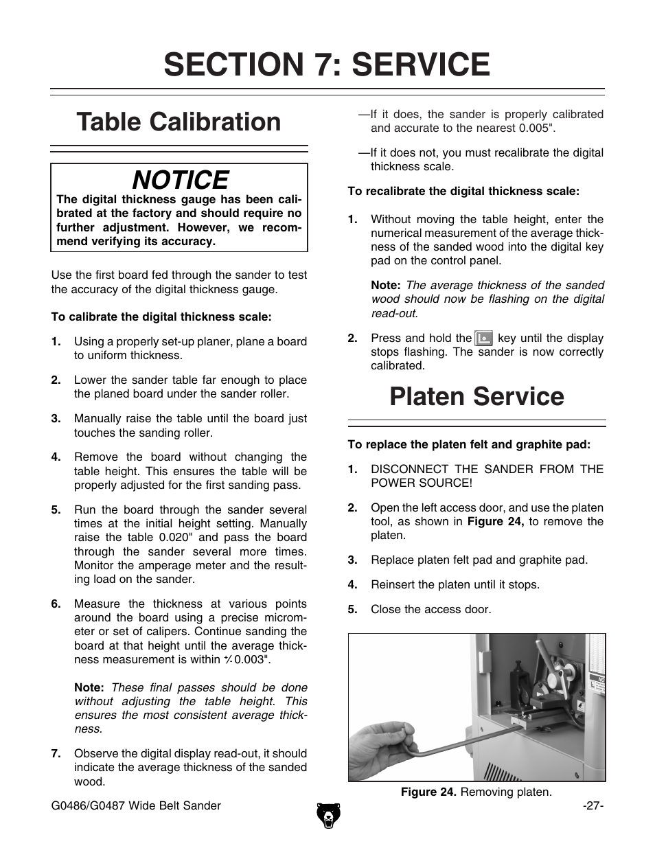 Table calibration notice, Platen service | Grizzly G0486/G0487 User Manual | Page 29 / 76
