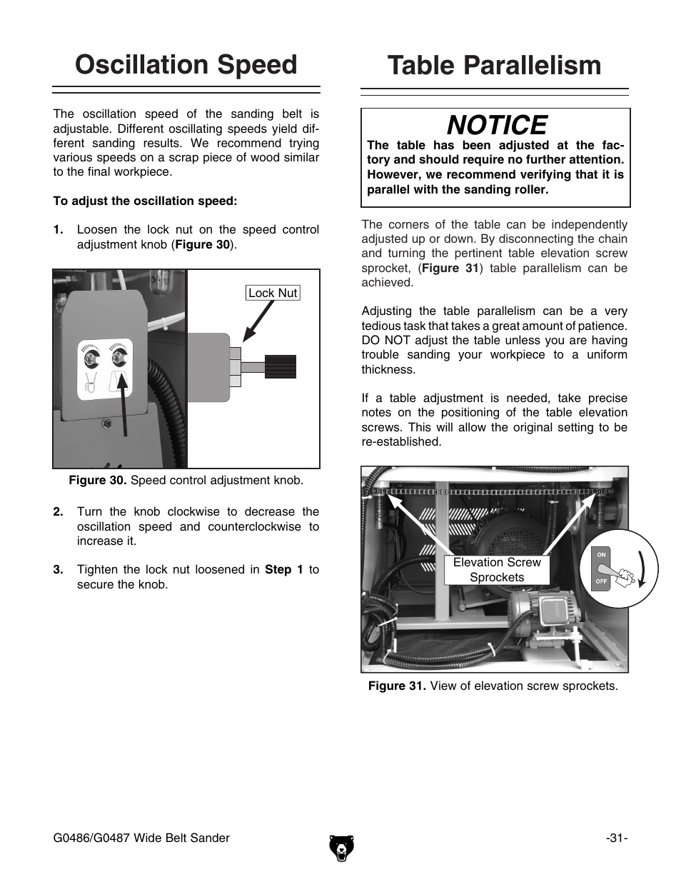 Notice, Oscillation speed table parallelism | Grizzly G0486/G0487 User Manual | Page 33 / 76