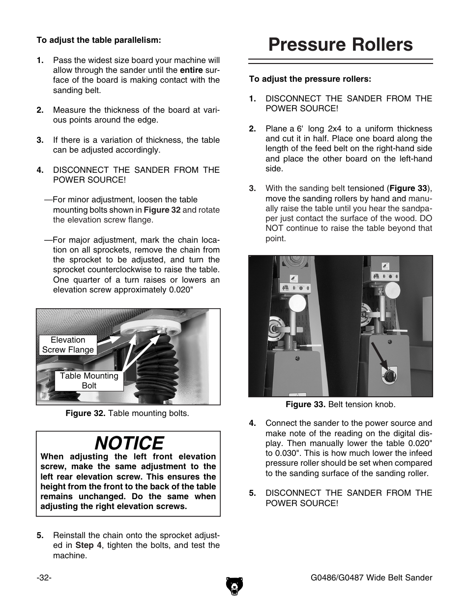 Pressure rollers, Notice | Grizzly G0486/G0487 User Manual | Page 34 / 76