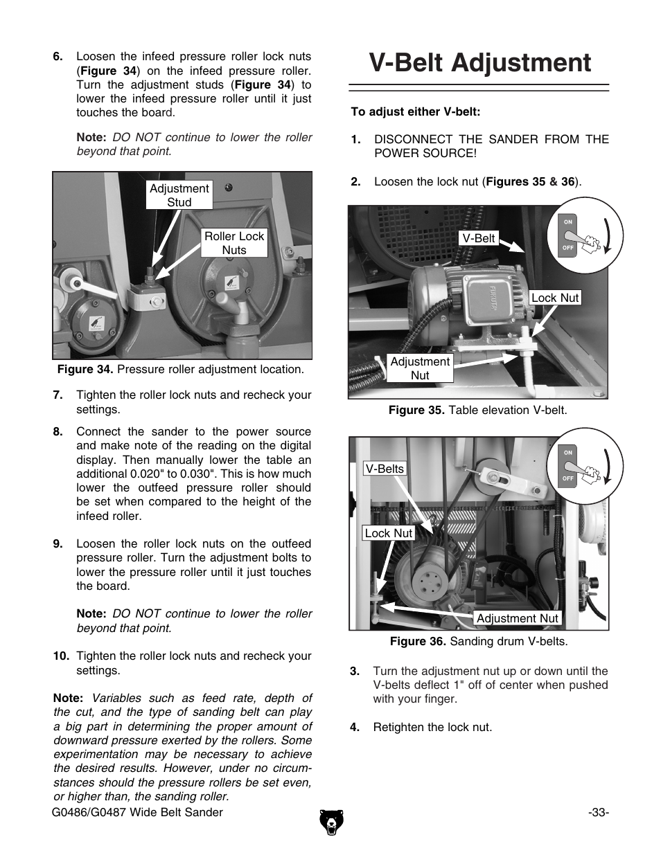 V-belt adjustment | Grizzly G0486/G0487 User Manual | Page 35 / 76
