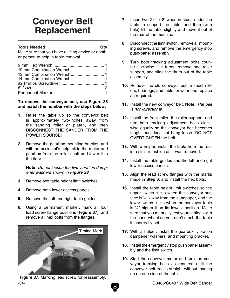 Conveyor belt replacement | Grizzly G0486/G0487 User Manual | Page 36 / 76
