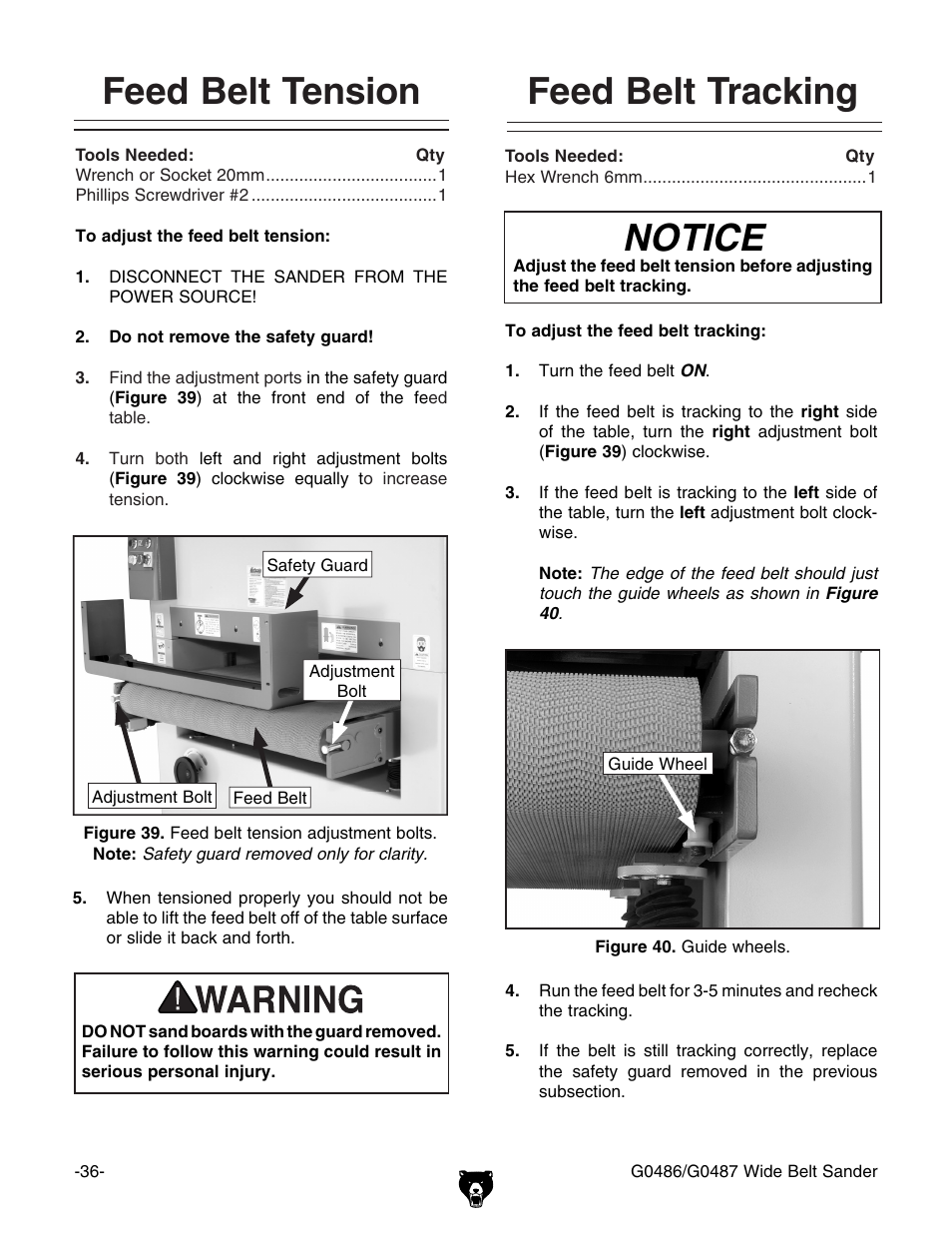 Notice, Feed belt tension feed belt tracking | Grizzly G0486/G0487 User Manual | Page 38 / 76