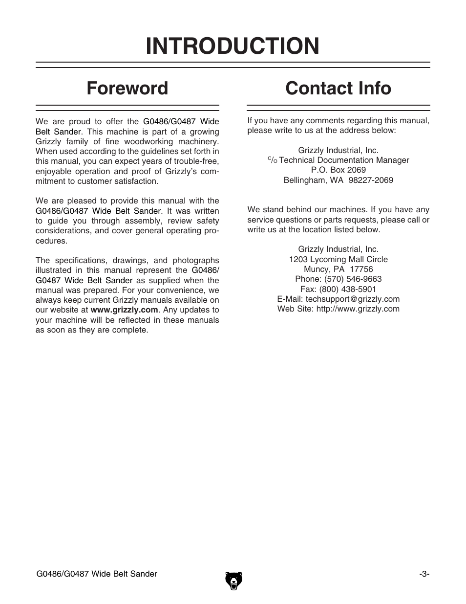 Introduction, Foreword, Contact info | Grizzly G0486/G0487 User Manual | Page 5 / 76