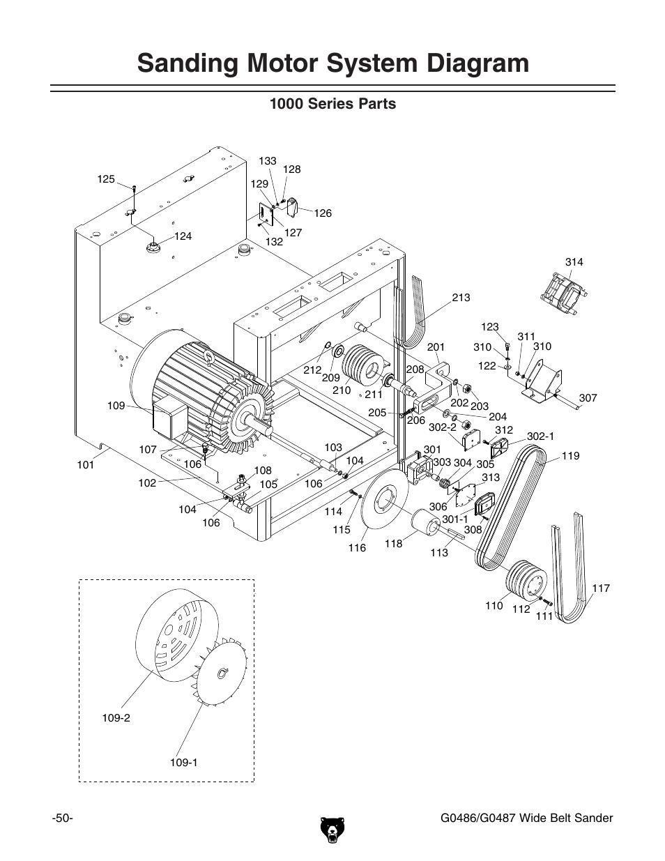 Sanding motor system diagram, 1000 series parts | Grizzly G0486/G0487 User Manual | Page 52 / 76