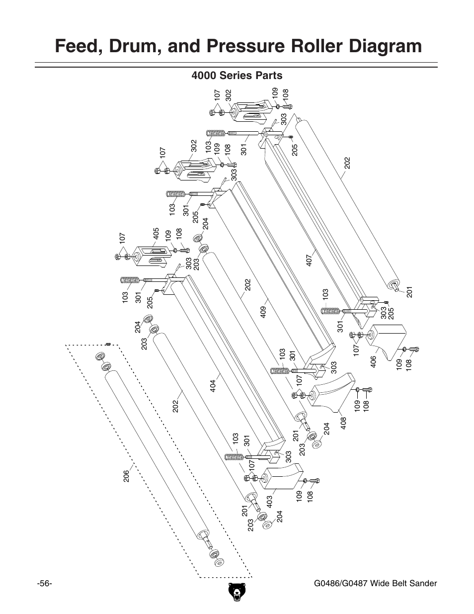 Feed, drum, and pressure roller diagram, 4000 series parts | Grizzly G0486/G0487 User Manual | Page 58 / 76