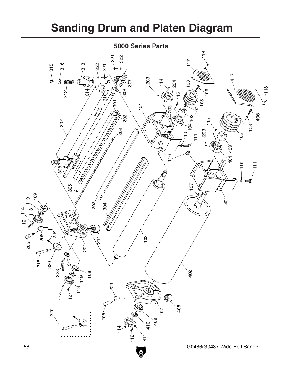 Sanding drum and platen diagram, 5000 series parts | Grizzly G0486/G0487 User Manual | Page 60 / 76