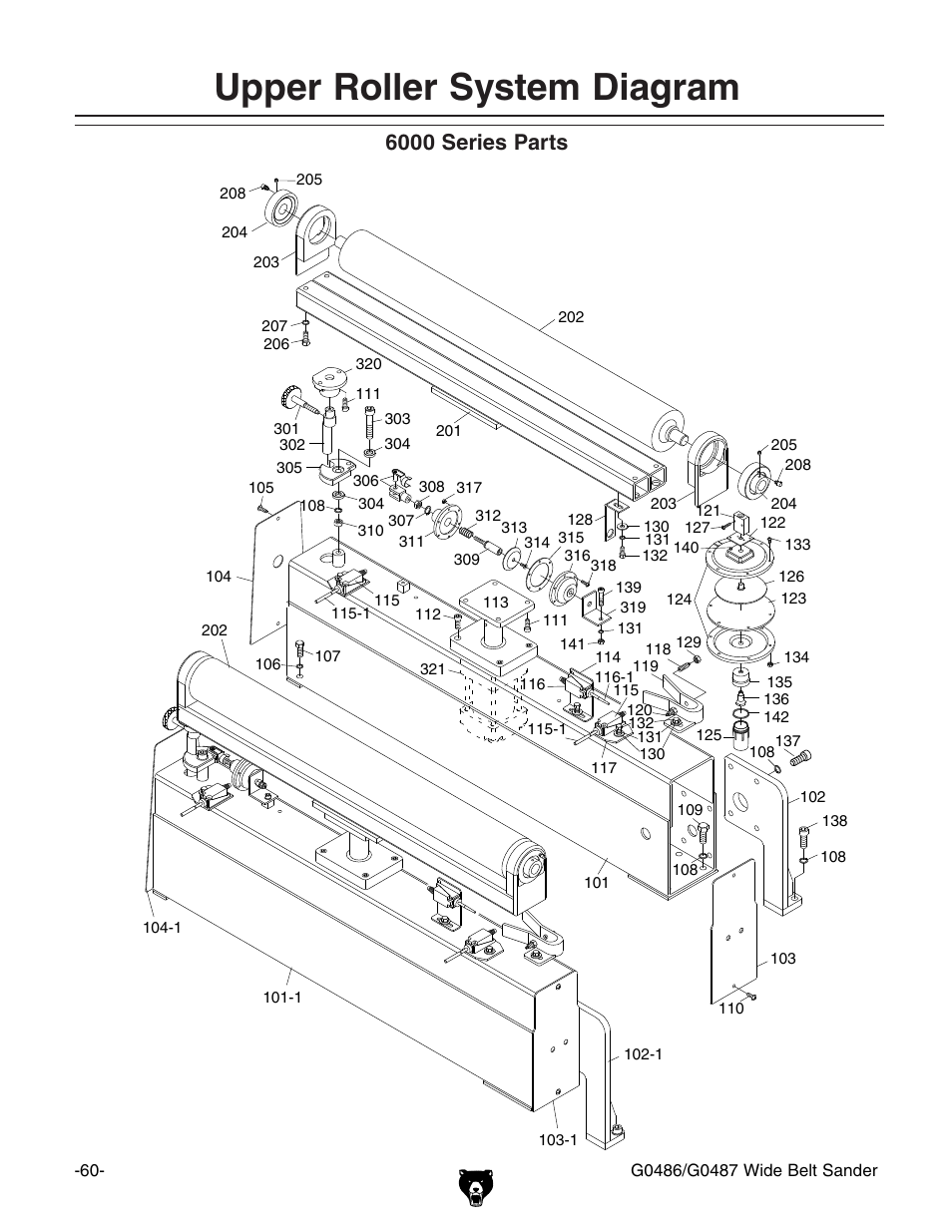 Upper roller system diagram, 6000 series parts | Grizzly G0486/G0487 User Manual | Page 62 / 76