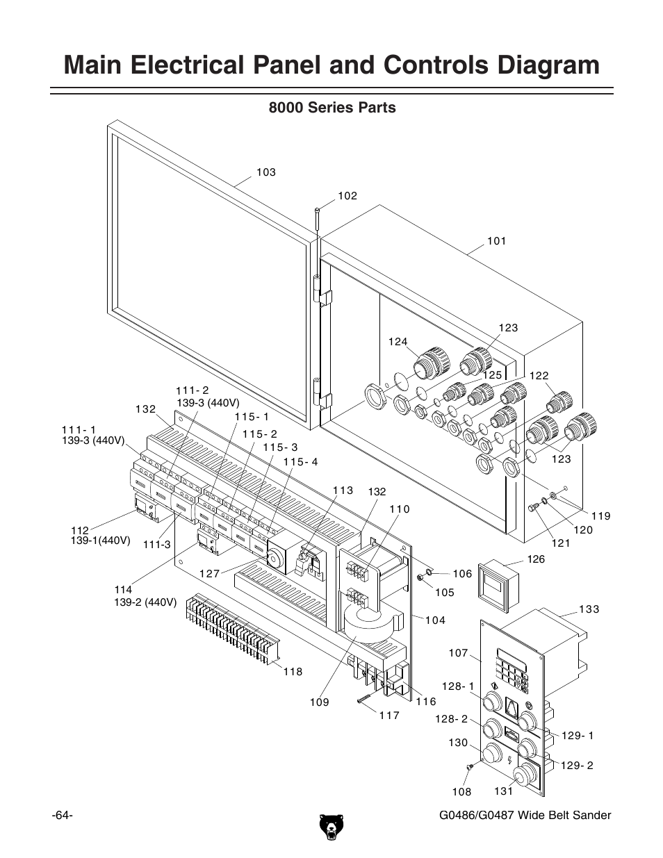 Main electrical panel and controls diagram, 8000 series parts | Grizzly G0486/G0487 User Manual | Page 66 / 76