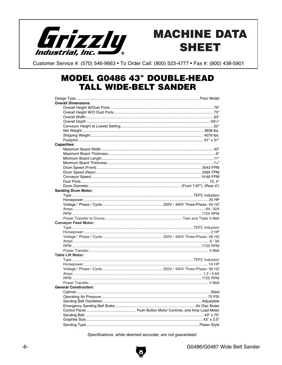 Machine data sheet (g0486) | Grizzly G0486/G0487 User Manual | Page 8 / 76