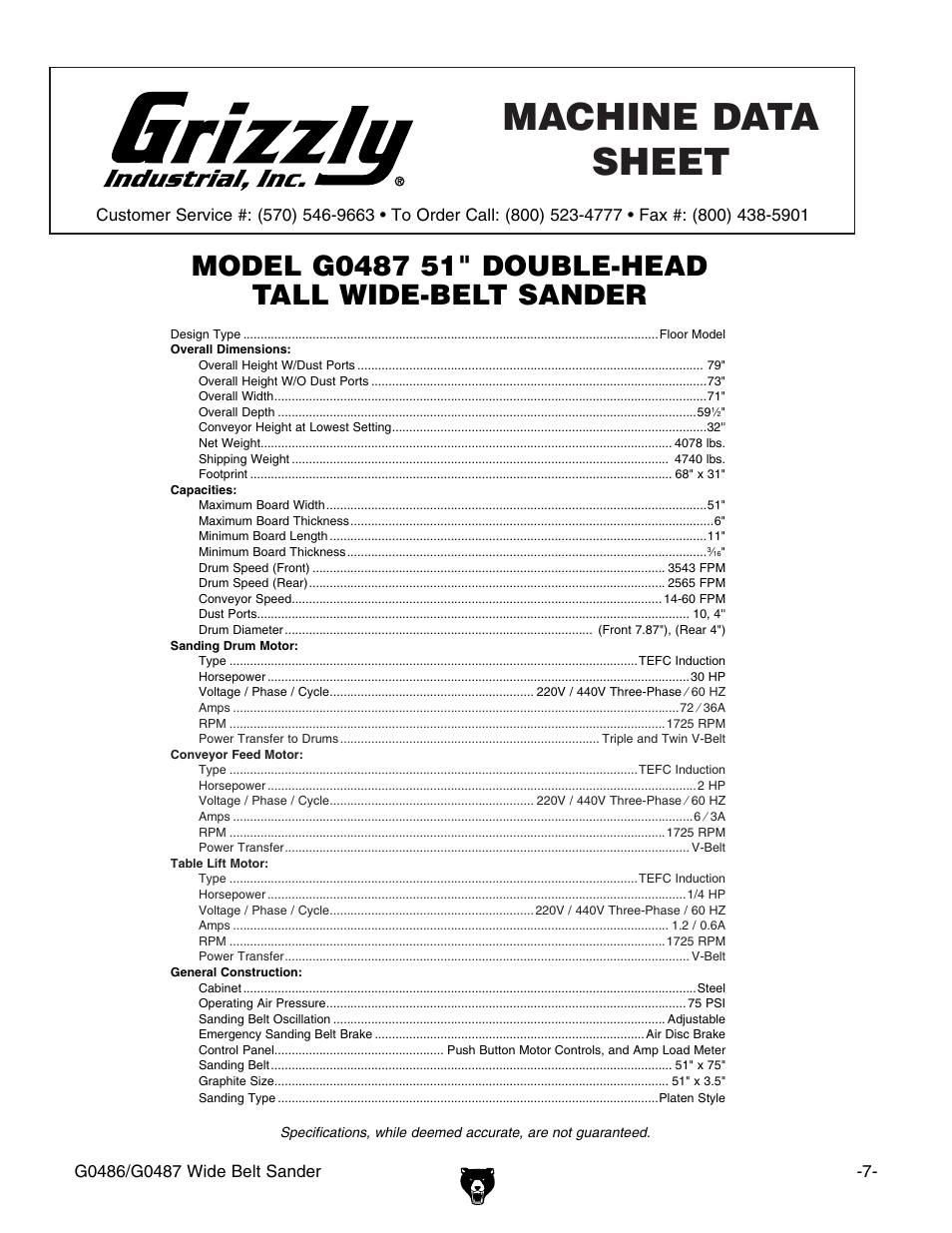 Machine data sheet (g0487) | Grizzly G0486/G0487 User Manual | Page 9 / 76