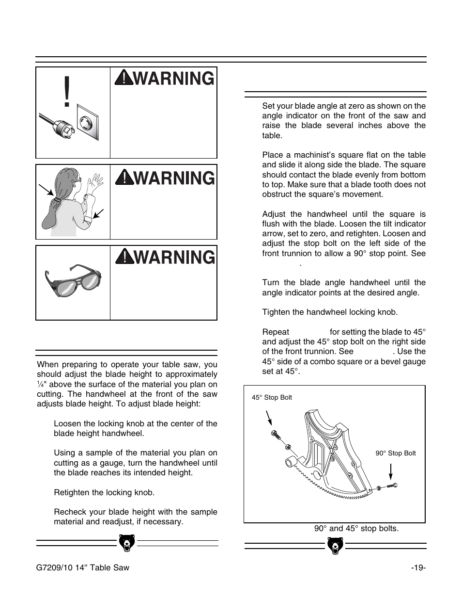 Blade height blade tilt | Grizzly G7210 User Manual | Page 21 / 52