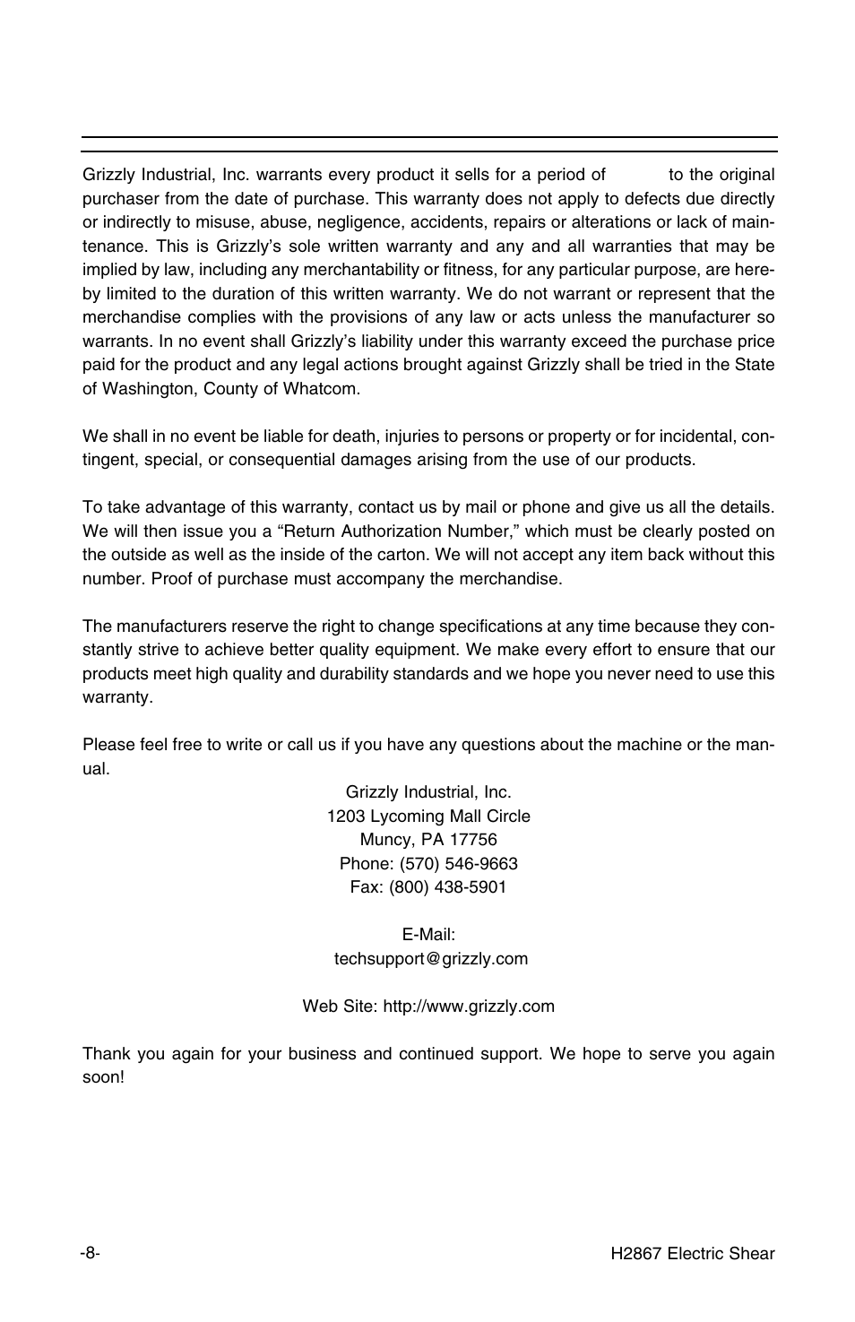 Warranty and returns | Grizzly H2867 User Manual | Page 10 / 12