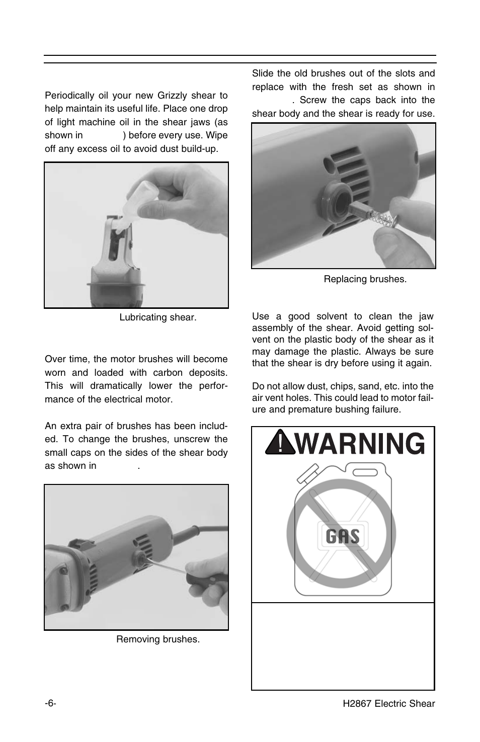 Maintenance, Cleaning shear, Oiling shear | Changing brushes | Grizzly H2867 User Manual | Page 8 / 12