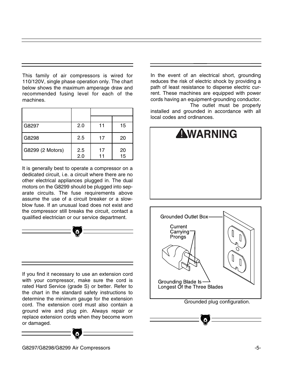 110v operation, Extension cords grounding | Grizzly G8298 User Manual | Page 7 / 26