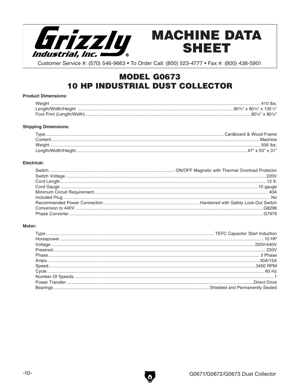 Machine data sheet | Grizzly G0673 User Manual | Page 12 / 56