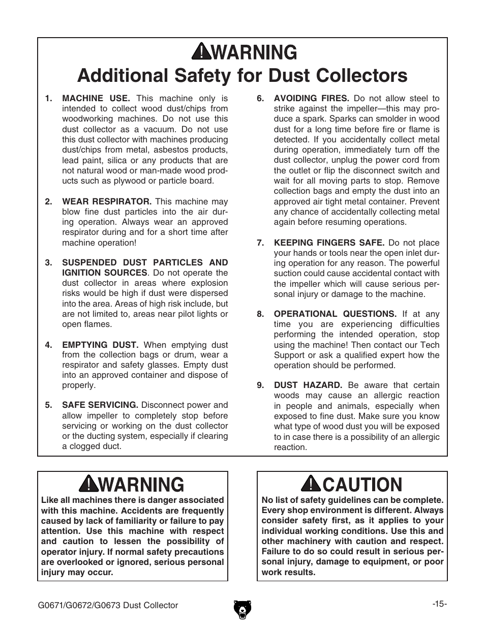 Additional safety for dust collectors | Grizzly G0673 User Manual | Page 17 / 56