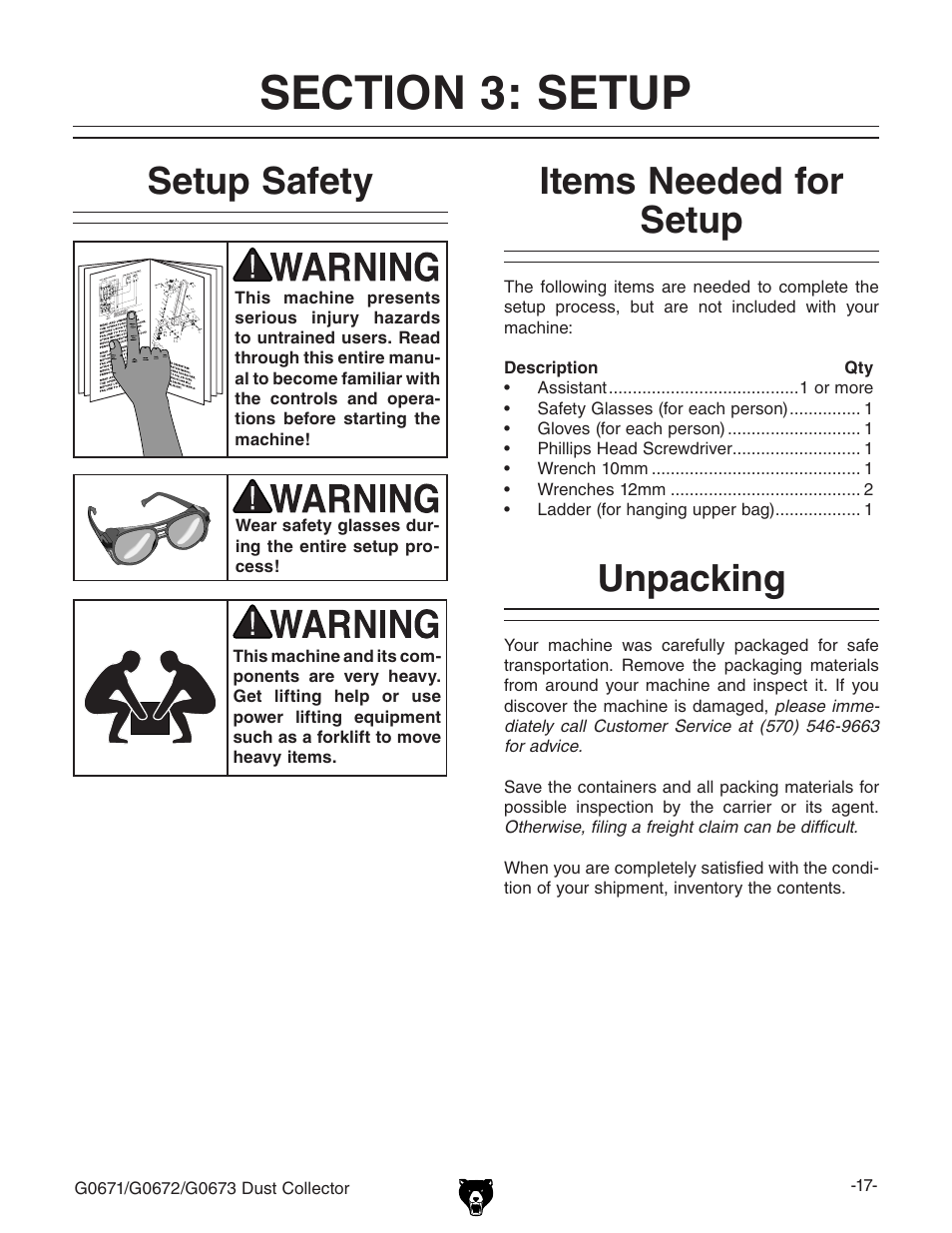 Setup safety, Items needed for setup, Unpacking | Grizzly G0673 User Manual | Page 19 / 56