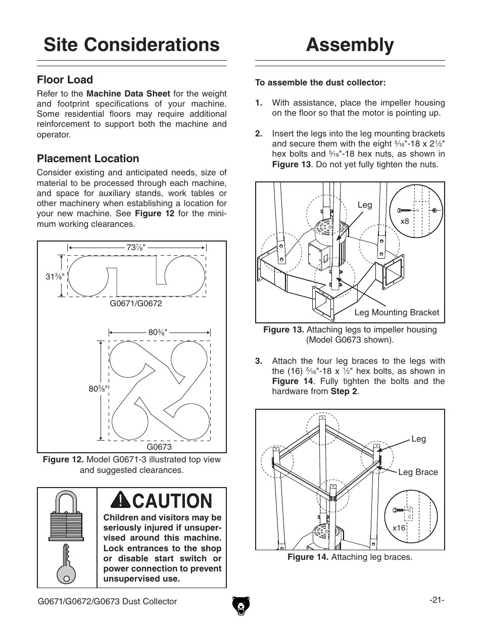 Site considerations, Assembly, Floor load | Placement location | Grizzly G0673 User Manual | Page 23 / 56