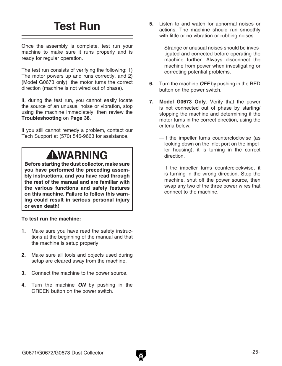 Test run | Grizzly G0673 User Manual | Page 27 / 56