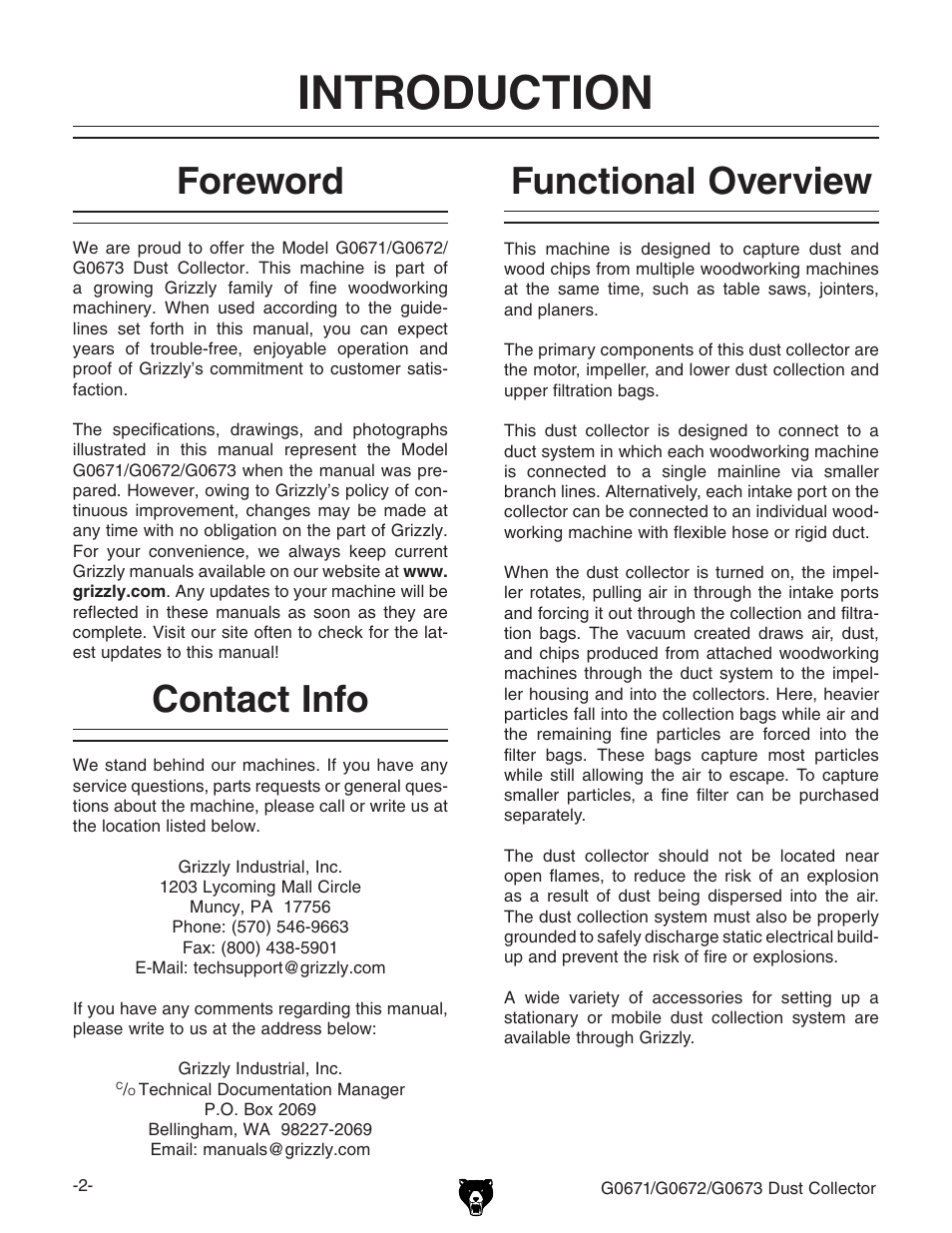 Introduction, Foreword, Contact info | Functional overview | Grizzly G0673 User Manual | Page 4 / 56