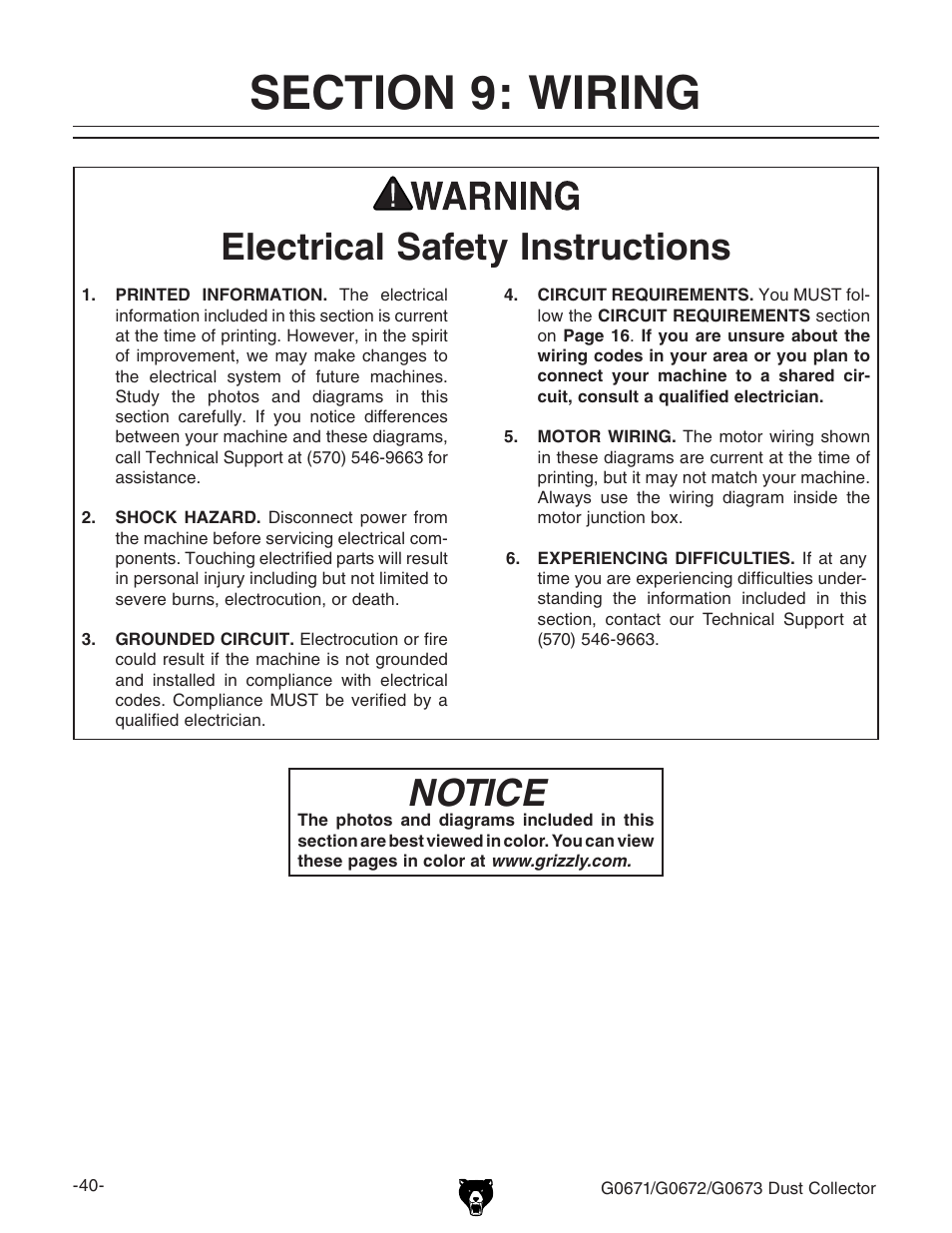 Notice, Electrical safety instructions | Grizzly G0673 User Manual | Page 42 / 56